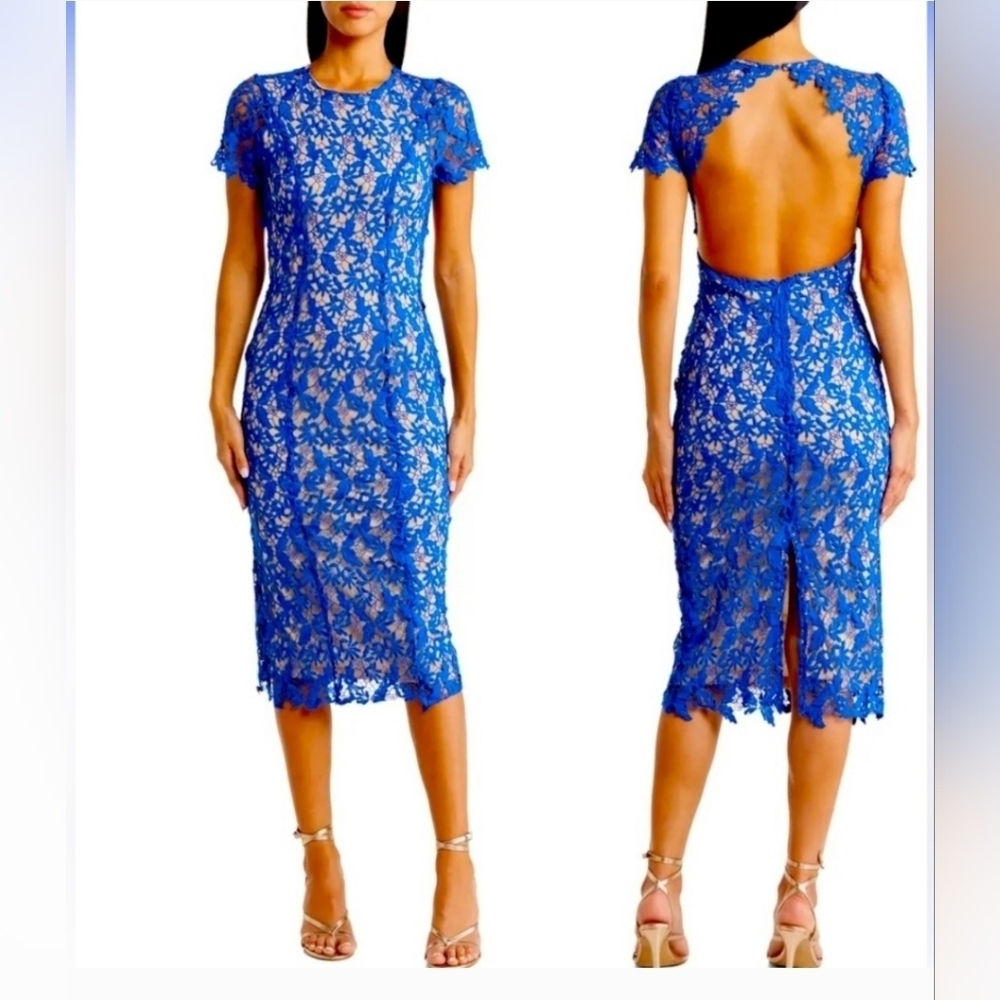 NWT! NSR,  Mia Lace Short Sleeve Open Back Midi Dress, Blue/Nude, Size S